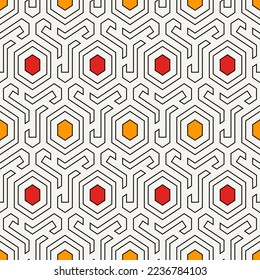 Honeycomb seamless pattern. Hexagon mosaic tiles ornament. Ethnic surface print. Repeated geometric figures background. Ornamental wallpaper. Modern geo design digital paper.