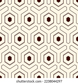 Honeycomb seamless pattern. Hexagon mosaic tiles ornament. Ethnic surface print. Repeated geometric figures background. Ornamental wallpaper. Modern geo design digital paper. Vector abstract art work