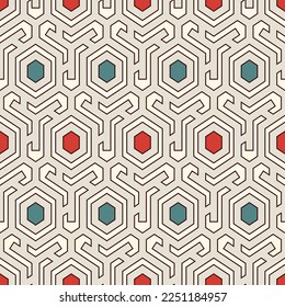Honeycomb seamless pattern. Hexagon mosaic tiles ornament. Ethnic surface print. Repeated geometric figures background. Ornamental wallpaper. Modern geo design digital paper.