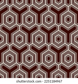 Honeycomb seamless pattern. Hexagon mosaic tiles ornament. Ethnic surface print. Repeated geometric figures background. Ornamental wallpaper. Modern geo design digital paper. Vector abstract work.