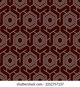 Honeycomb seamless pattern. Hexagon mosaic tiles ornament. Ethnic surface print. Repeated geometric figures background. Ornamental wallpaper. Modern geo design digital paper. Vector abstract art