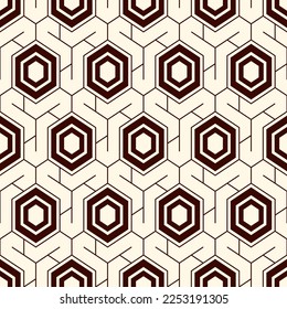 Honeycomb seamless pattern. Hexagon mosaic tiles ornament. Ethnic surface print. Repeated geometric figures background. Ornamental wallpaper. Modern geo design digital paper. Vector abstract art