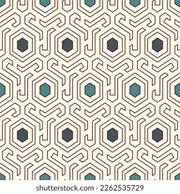 Honeycomb seamless pattern. Hexagon mosaic tiles ornament. Ethnic surface print. Repeated geometric figures background. Ornamental wallpaper. Modern geo design digital paper.