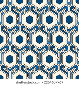 Honeycomb seamless pattern. Hexagon mosaic tiles ornament. Ethnic surface print. Repeated geometric figures background. Ornamental wallpaper. Modern geo design digital paper.