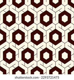 Honeycomb seamless pattern. Hexagon mosaic tiles ornament. Ethnic surface print. Repeated geometric figures background. Ornamental wallpaper. Modern geo design digital paper. Vector abstract work.