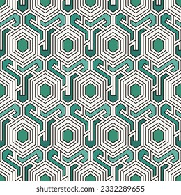 Honeycomb seamless pattern. Hexagon mosaic tiles ornament. Ethnic surface print. Repeated geometric figures background. Ornamental wallpaper. Modern geo design digital paper.