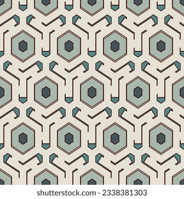 Honeycomb seamless pattern. Hexagon mosaic tiles ornament. Ethnic surface print. Repeated geometric figures background. Ornamental wallpaper. Modern geo design