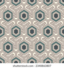 Honeycomb seamless pattern. Hexagon mosaic tiles ornament. Ethnic surface print. Repeated geometric figures background. Ornamental wallpaper. Modern geo design digital paper.