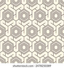 Honeycomb seamless pattern. Hexagon mosaic tiles ornament. Ethnic surface print. Repeated geometric figures background. Ornamental wallpaper. Modern geo design digital paper. Vector abstract art