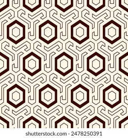 Honeycomb seamless pattern. Hexagon mosaic tiles ornament. Ethnic surface print. Repeated geometric figures background. Ornamental wallpaper. Modern geo design digital paper.