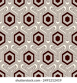 Honeycomb seamless pattern. Hexagon mosaic tiles ornament. Ethnic surface print. Repeated geometric figures background. Ornamental wallpaper. Modern geo design digital paper.