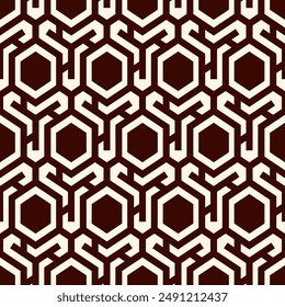 Honeycomb seamless pattern. Hexagon mosaic tiles ornament. Ethnic surface print. Repeated geometric figures background. Ornamental wallpaper. Modern geo design digital paper. Vector abstract work.