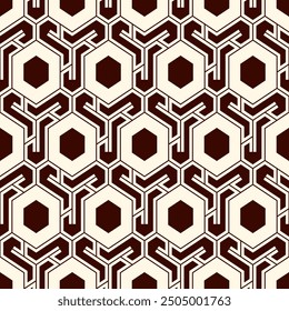 Honeycomb seamless pattern. Hexagon mosaic tiles ornament. Ethnic surface print. Repeated geometric figures background. Ornamental wallpaper. Modern geo design digital paper.