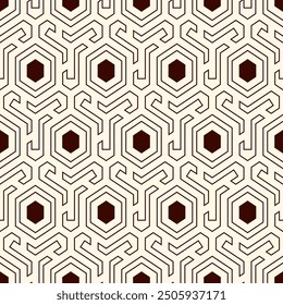 Honeycomb seamless pattern. Hexagon mosaic tiles ornament. Ethnic surface print. Repeated geometric figures background. Ornamental wallpaper. Modern geo design digital paper.