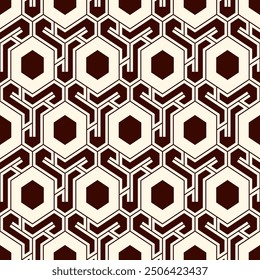 Honeycomb seamless pattern. Hexagon mosaic tiles ornament. Ethnic surface print. Repeated geometric figures background. Ornamental wallpaper. Modern geo design digital paper.