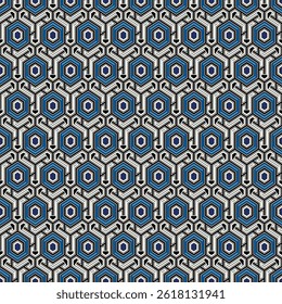 Honeycomb seamless pattern. Hexagon mosaic tiles ornament. Ethnic surface print. Repeated geometric figures background. Ornamental wallpaper. Modern geo design digital paper. Vector abstract art.