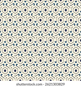 Honeycomb seamless pattern. Hexagon mosaic tiles ornament. Ethnic surface print. Repeated geometric figures background. Ornamental wallpaper. Modern geo design