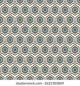 Honeycomb seamless pattern. Hexagon mosaic tiles ornament. Ethnic surface print. Repeated geometric figures background. Ornamental wallpaper. Modern geo design digital paper. Vector abstract artwork.