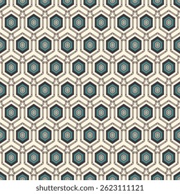 Patrón sin fisuras de nido de abeja. Adorno de azulejos de mosaico hexagonal. Impresión de superficie étnica. Fondo de figuras geométricas repetidas. Fondo de pantalla ornamental. Papel digital de diseño geo moderno. Obra de arte abstracta de Vector