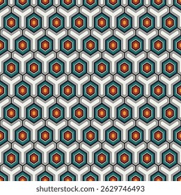 Honeycomb seamless pattern. Hexagon mosaic tiles ornament. Ethnic surface print. Repeated geometric figures background. Ornamental wallpaper. Modern geo design digital paper. Vector abstract work.