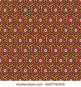 Nahtloses Muster mit Wabenstruktur. Hexagon Mosaik Fliesen Ornament. Ethnischer Oberflächendruck. Wiederholte geometrische Figuren Hintergrund. Ziertapeten. Modernes Digitalpapier für Geo-Design. Abstrakte Vektorkunst.