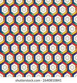 Honeycomb seamless pattern. Hexagon mosaic tiles ornament. Ethnic surface print. Repeated geometric figures background. Ornamental wallpaper. Modern geo design digital paper. Vector abstract art