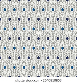 Honeycomb seamless pattern. Hexagon mosaic tiles ornament. Ethnic surface print. Repeated geometric figures background. Ornamental wallpaper. Modern geo design digital paper.