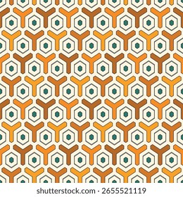 Patrón sin fisuras de nido de abeja. Adorno de azulejos de mosaico hexagonal. Impresión de superficie étnica. Fondo de figuras geométricas repetidas. Fondo de pantalla ornamental. Papel digital de diseño geo moderno. Vector abstracto trabajo de arte