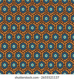 Padrão sem emenda de favo de mel. Hexágono mosaico azulejos ornamento. Impressão de superfície étnica. Fundo de figuras geométricas repetido. Papel de parede ornamental. Papel digital de design geográfico moderno. Arte abstrata vetorial.