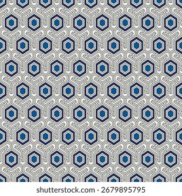 Patrón sin fisuras de nido de abeja. Adorno de azulejos de mosaico hexagonal. Impresión de superficie étnica. Fondo de figuras geométricas repetidas. Fondo de pantalla ornamental. Papel digital de diseño geo moderno.