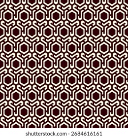 Honeycomb seamless pattern. Hexagon mosaic tiles ornament. Ethnic surface print. Repeated geometric figures background. Ornamental wallpaper. Modern geo design digital paper. Vector abstract work.