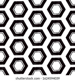 Honeycomb seamless pattern. Repeated hexagon motif. Natural organic texture. Freehand grunge design classic geometric surface print. Paint brush hand drawn effect ornament. Vector abstract background