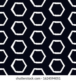 Honeycomb seamless pattern. Repeated hexagon motif. Natural organic texture. Freehand grunge design classic geometric surface print. Paint brush hand drawn effect ornament. Vector abstract background