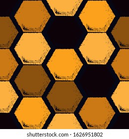 Honeycomb seamless pattern. Repeated hexagon motif. Natural organic texture. Freehand brush grunge design classic geometric surface print. Chalk effect handdrawn ornament. Vector abstract background