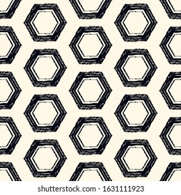 Honeycomb seamless pattern. Repeated hexagon motif. Natural organic texture. Freehand grunge design classic geometric surface print. Paint brush hand drawn effect ornament. Vector abstract background