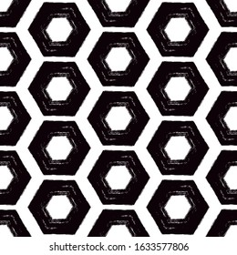 Honeycomb seamless pattern. Repeated hexagon motif. Natural organic texture. Freehand grunge design classic geometric surface print. Paint brush hand drawn effect ornament. Vector abstract background
