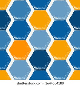 Honeycomb seamless pattern. Repeated hexagon motif. Natural organic texture. Freehand brush grunge design classic geometric surface print. Chalk effect handdrawn ornament. Vector abstract background