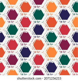 Honeycomb seamless pattern. Repeated hexagon motif texture. Paint brush classic geometric print. Freehand design background. Handdrawn modern geo ornament. Hand drawn vector abstract wallpaper