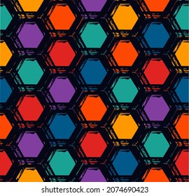 Honeycomb seamless pattern. Repeated hexagon motif texture. Paint brush classic geometric print. Freehand design background. Handdrawn modern geo ornament. Hand drawn vector abstract wallpaper