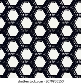 Patrón sin fisuras de Honeycomb. Textura hexagonal repetida. Dibujar la impresión geométrica clásica del pincel. Fondo de diseño de mano libre. Ornamento geográfico moderno dibujado a mano. Papel de pared abstracto de vector dibujado a mano