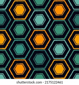 Honeycomb seamless pattern. Repeated hexagon motif. Natural organic texture. Freehand grunge design classic geometric surface print. Paint brush hand drawn effect ornament. Vector abstract background