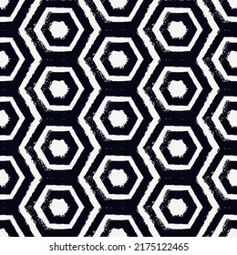 Honeycomb seamless pattern. Repeated hexagon motif. Natural organic texture. Freehand grunge design classic geometric surface print. Paint brush hand drawn effect ornament. Vector abstract background