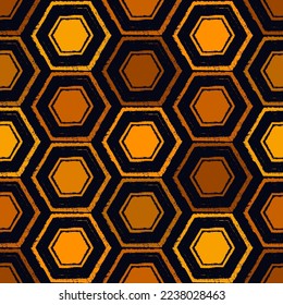 Honeycomb seamless pattern. Repeated hexagon motif. Natural organic texture. Freehand grunge design classic geometric surface print. Paint brush hand drawn effect ornament. Vector abstract background