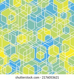 Honeycomb seamless pattern. Repeated overlap hexagon motif texture. Ukrainian flag halftone colored print. Geometric modern ornament design background. Vector retro abstract wallpaper