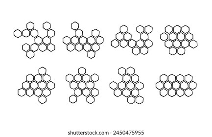 Juego de panal. Doodle dibujado a mano estructura de panal de propóleo. Miel, polen, cera, pergamino y productos de abejas en estilo boceto. Ilustración en blanco y negro sobre fondo blanco.