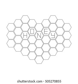 Honeycomb set in shape of heart. Beehive element. Honey text icon. Isolated. White background. Flat design. Vector illustration