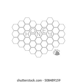 Honeycomb set in shape of heart.Bee insect animal. Beehive element. Honey text icon. Isolated. White background. Flat design. Vector illustration