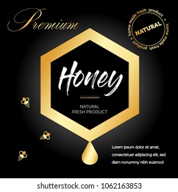 Honeycomb sign icon. Cells and bees. Hexagonal gold texture. Vector  illustration. Geometric pattern. Premium package and advertising template.