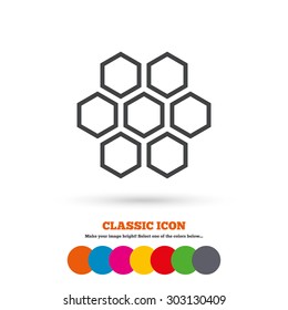 Honeycomb sign icon. Honey cells symbol. Sweet natural food. Classic flat icon. Colored circles. Vector