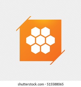 Honeycomb sign icon. Honey cells symbol. Sweet natural food. Orange square label on pattern. Vector